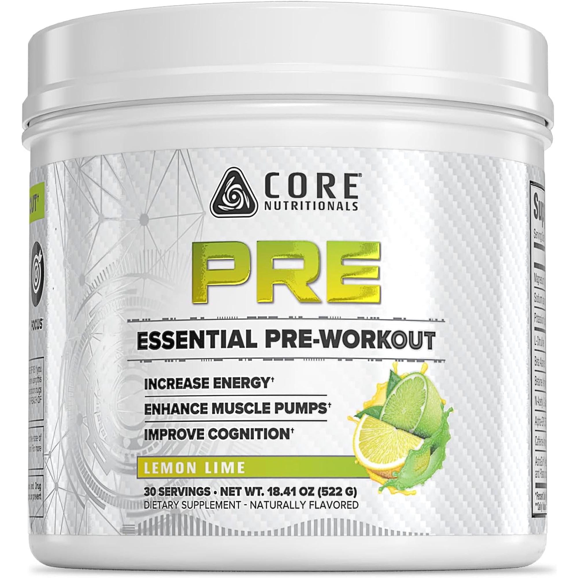 Core Nutritionals Essential Pre Workout | for Energy & Muscle Pumps | L-Citrulline & Beta Alanine | 200mg Caffeine | 30 Servings (Lemon Lime)