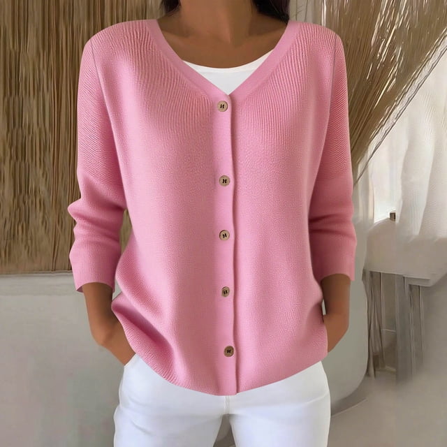 Neewe Women's Sweatshirt Classic plain Lightweight Cardigan Hoodless V Neck Button Down Long Sleeve