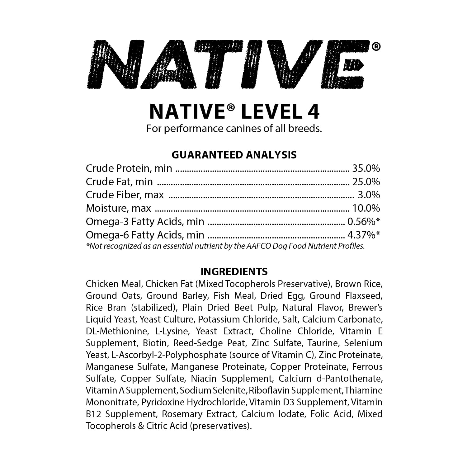 Native Performance Dog Food Level 4 Chicken Meal & Rice Formula | High Quality Proteins | 40lb Bag