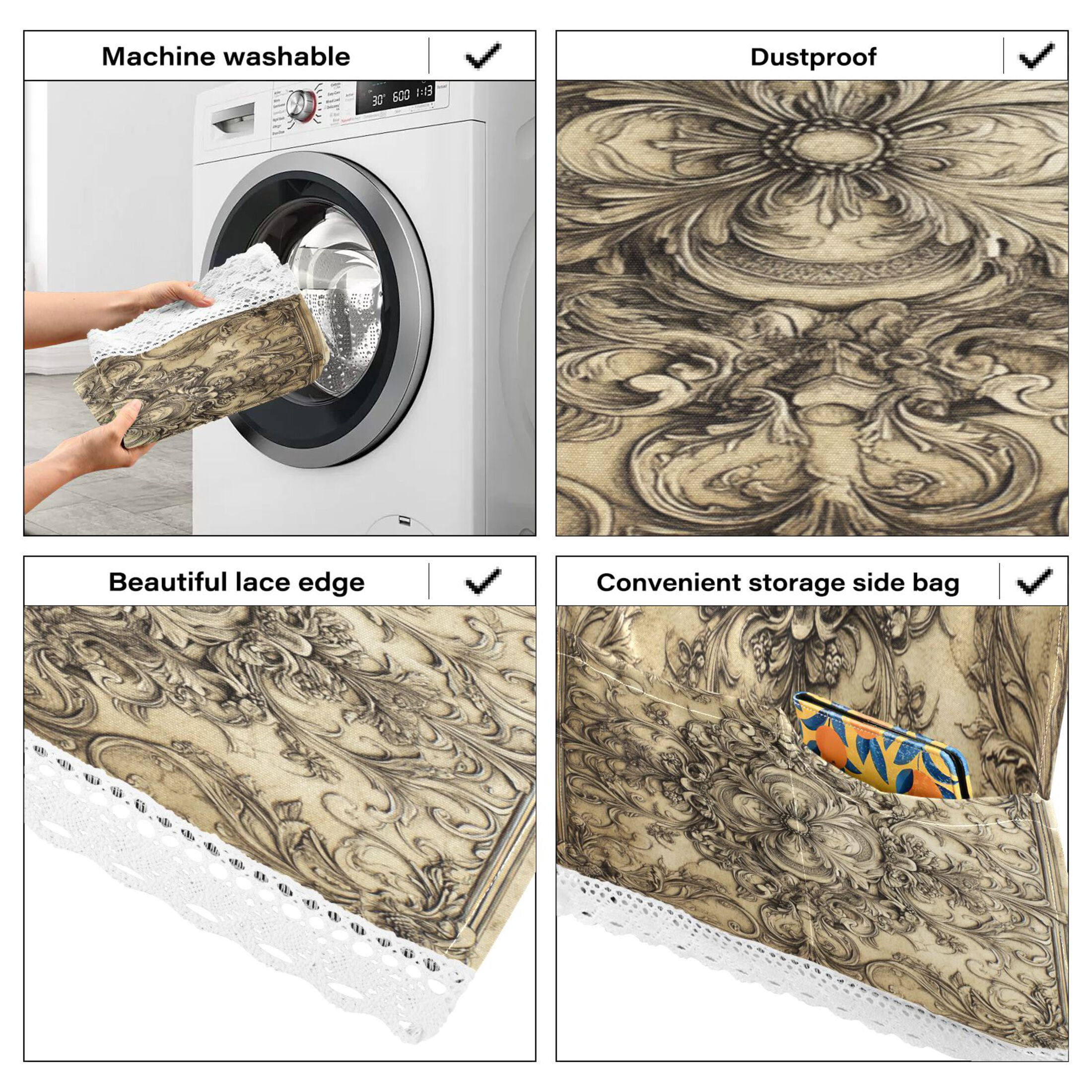 Ntricate Details PatternWasher and Dryer Covers Dust-Proof and Oil Resistant Fridge Cover with 4 Storage Pockets Washing Machine Top Cover for Laundry Kitchen Home 51.2 x 22 In