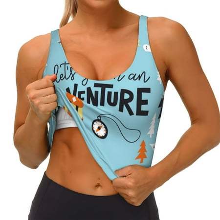 Qokaie Let s Go on an Adventure Pattern Womens Scoop Neck Sports Bra Breathable Workout Vest Padded U Back Medium Impact Fitness Gym Yoga Bra Workout Crop Top