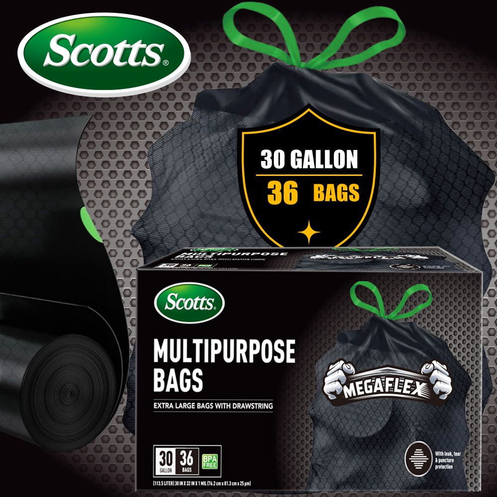 36 Count 30 Gallon Drawstring Trash Bags, Heavy Duty 113.5L Non-Rip Black Garbage Bags for Kitchen Home Garden Commercial Use