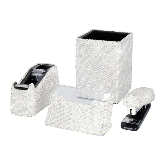 Bling Crystal - Portalápices Cuadrado De Diamante Hecho A Mano De Lujo, Grapadora, Tarjetero Y Dispensador De Cinta De Escritorio, Kit De Papelería De Oficina Para Niñas Y Mujeres De Moda (Blanco)