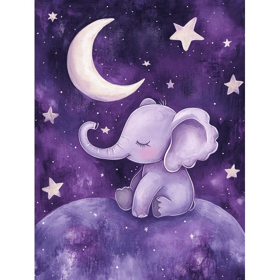 Purple Elephant Moon Night Canvas Wall Art, Suitable for Bedroom, Living Room, Nursery, Kids Room, and Office Decor.