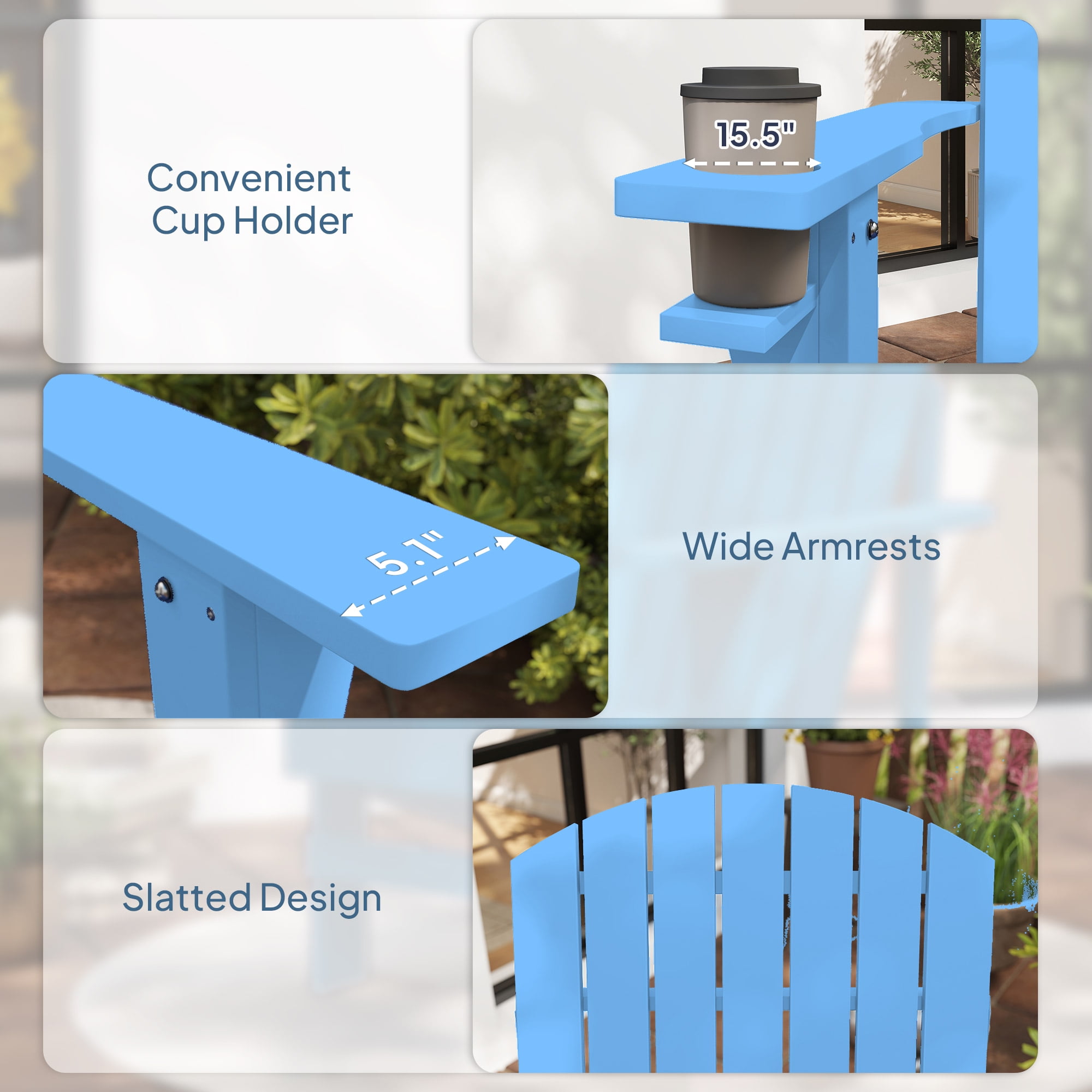 Outsunny Oversized Adirondack Chair, Outdoor Fire Pit and Porch Seating, Classic Log Lounge w/ Built-in Cupholder for Patio, Backyard, Blue