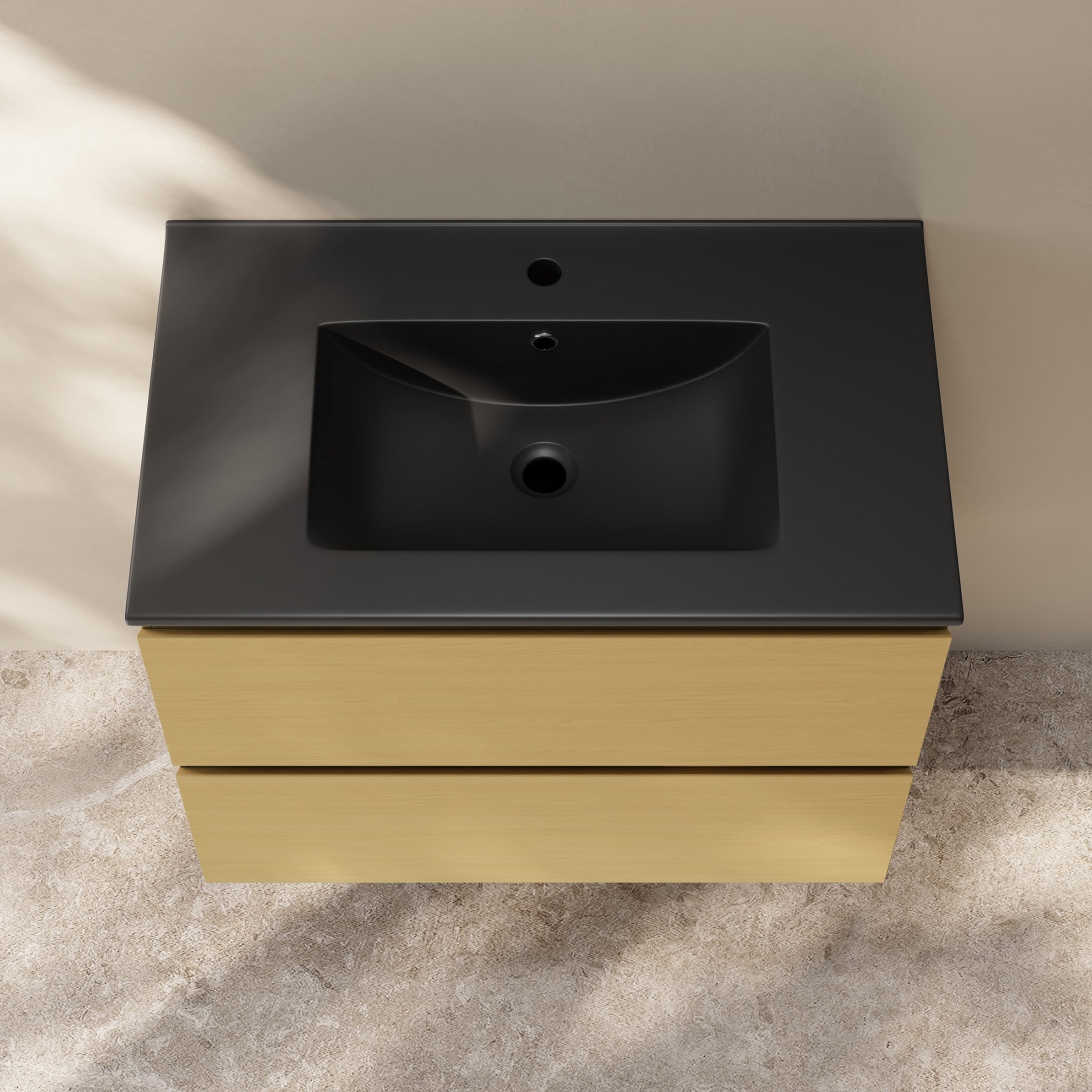 Liberte 30" Wall-Mounted Bathroom Vanity in Natural Oak with Black Sink Top