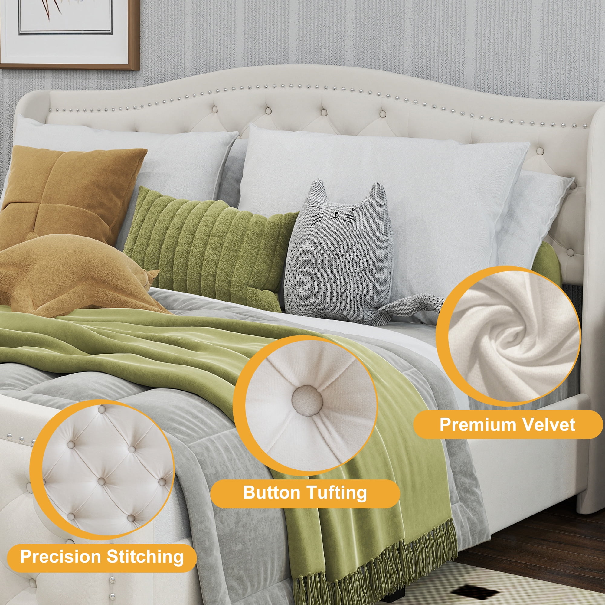 Bonzy Home King Size Bed Frame with Storage Velvet Upholstered Sleigh Bed with Headboard Button Tufted Easy Assembly Luxury