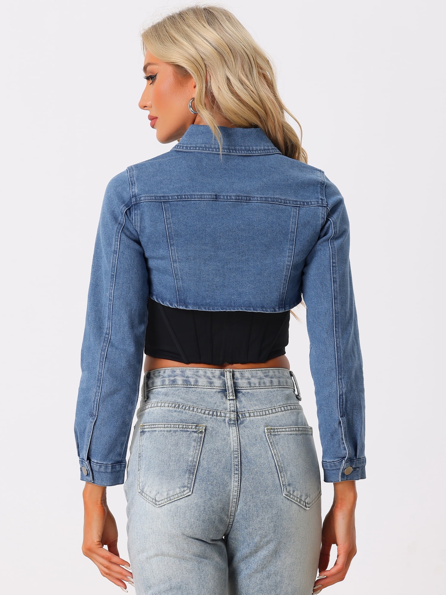 Unique Bargains Jean Crop Top for Women's 2 Button Long Sleeve Cropped Denim Jackets XL Blue