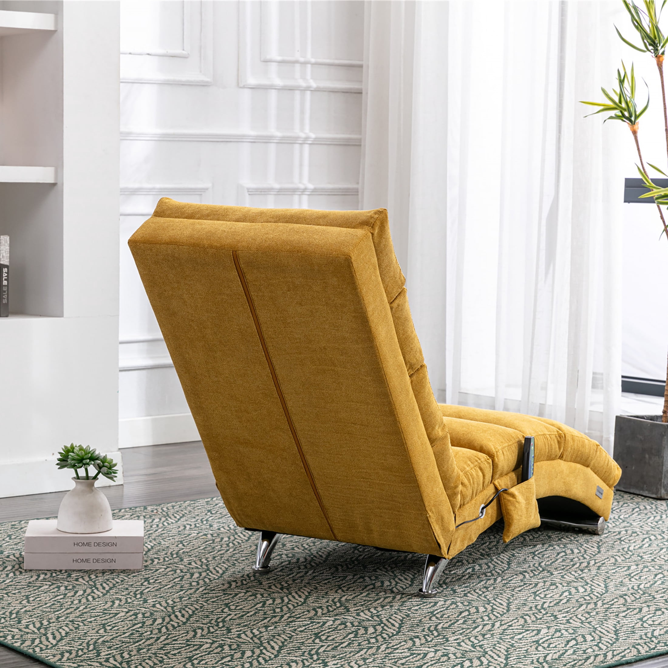 Noble House Upholstered Chaise Lounge Chair with Vibration, Linen Fabric Leisure Recliner, Mustard