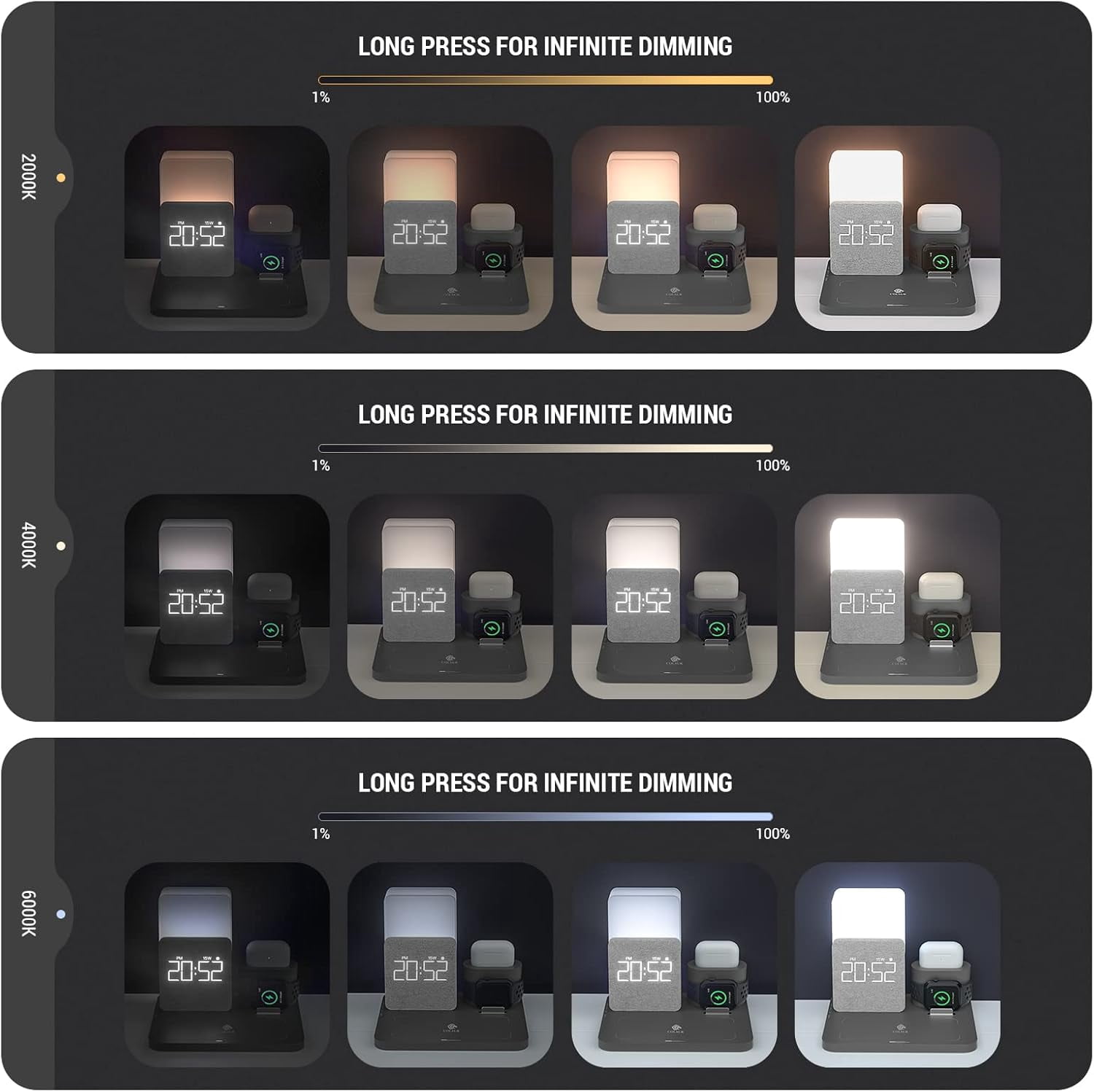 Alarm Clock with Wireless Charger, Night Light, Wireless Charging Station, 3 in 1 Charging Station, iPhone 12/13/14/15/16 Pro/13 Mini/13 Pro Max/12 pro, AirPods