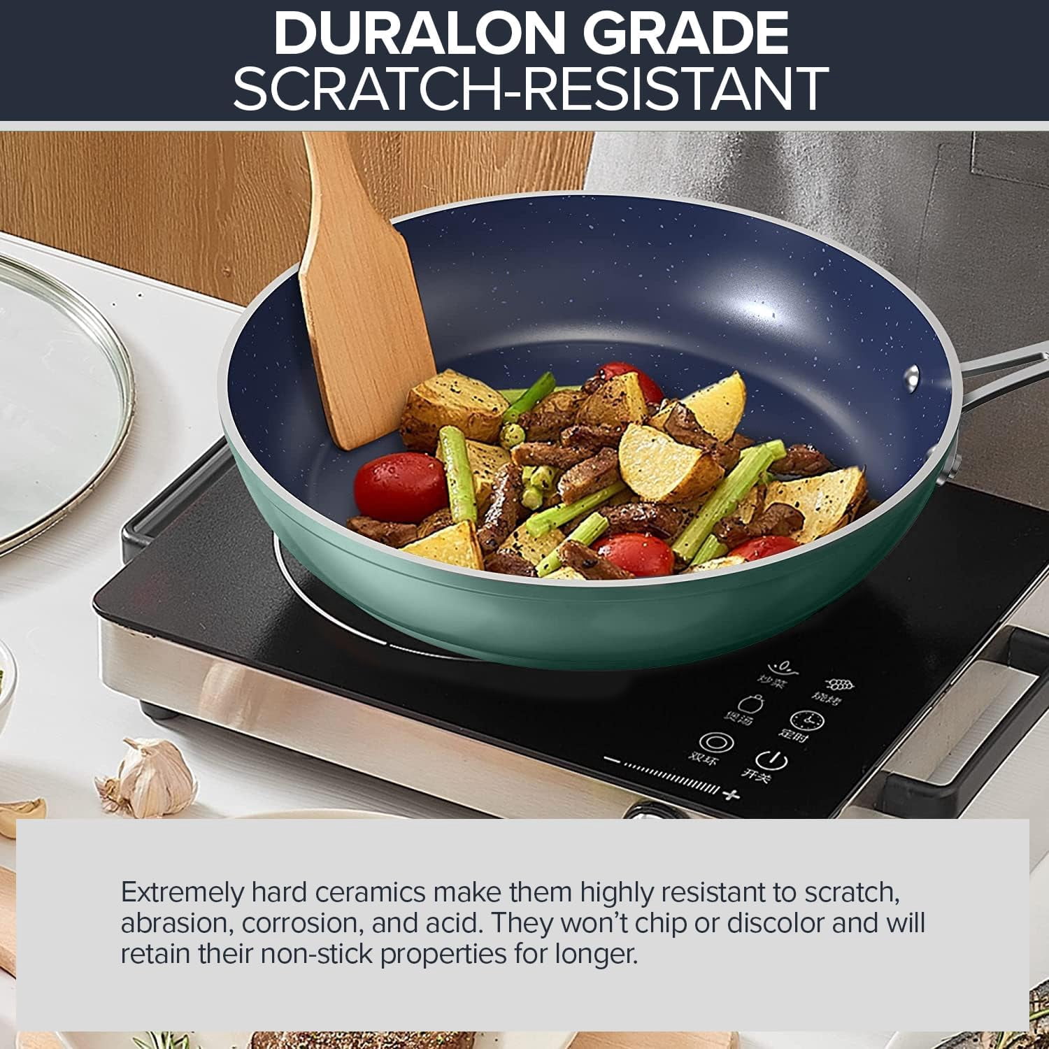 Nuwave 9PC Nonstick Cookware Set Healthy Duralon Blue Ceramic, Forged Pots and Pans Set with Tempered Glass Lids- Rosemary Green