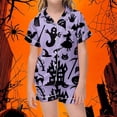 thumbnail image 2 of Halloween Pajamas Kids Size 10-11 Years Casual Sleepwear Pumpkin Bat Short Sleeve Top with Shorts Soft Girls Pajama Set Purple, 2 of 4