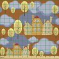 thumbnail image 2 of Ambesonne City Fabric by the Yard Microfiber, Old Town Houses Clouds Trees, 1 Yard, Burnt Orange Ceil Blue, 2 of 2