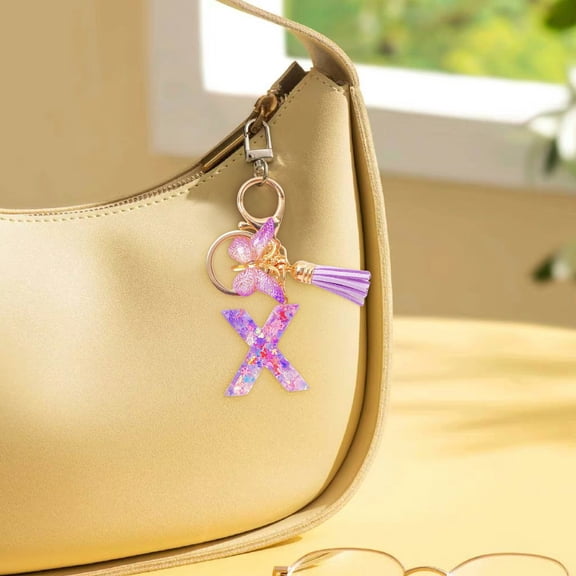 Initial Keychain, Gaqring Custom Letter Tassel Keychain for Women, Purple Cute Resin Key Ring for Car Keys Wallet Backpack Bag Gift