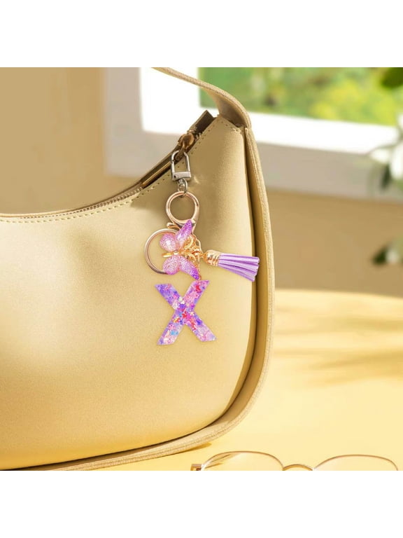 Initial Keychain, Gaqring Custom Letter Tassel Keychain for Women, Purple Cute Resin Key Ring for Car Keys Wallet Backpack Bag Gift