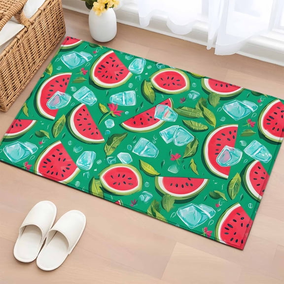 2x3 Ft Entryway Area Rug, Summer Watermelon Kitchen Rug Runner Washable Floor Mat, Green Tropical Ice Cubes Cartoon Non Slip Indoor Door Mat Throw Carpet for Bathroom Living Room Bedroom