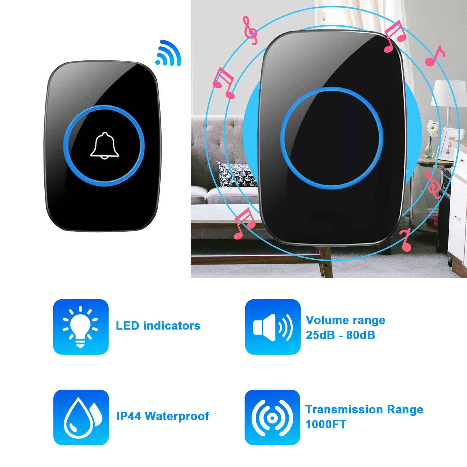 Office Wireless Doorbell Kit Waterproof Door Chime Kit Over 1000 feet Range 5 Levels Volume Easy Install for Home School