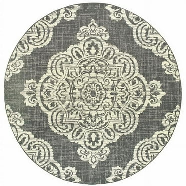 HomeRoots  8 ft. Round Gray Round Oriental Stain Resistant Indoor & Outdoor Rectangle Area Rug - Gray and Ivory