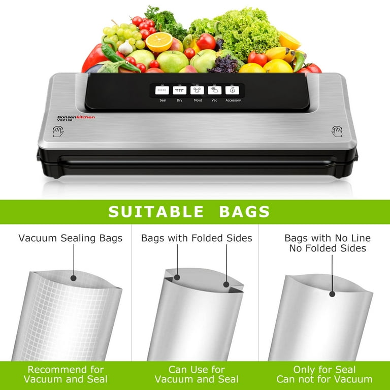 Bonsenkitchen Vacuum Packing Machine for Foods, Vacuum Sealer with Built-in Cutter for Both Wet and Dry Foods, Vacuum Roll Bags Included