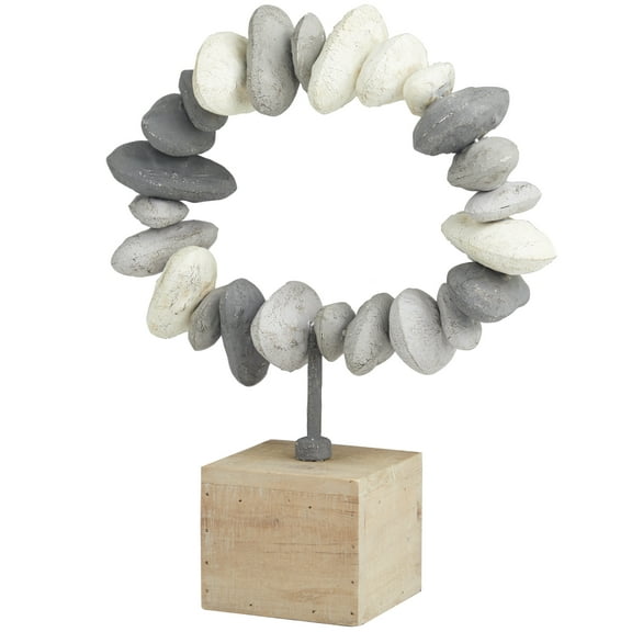 11" x 14" Gray Metal Circular Stone Abstract Sculpture with Brown Wooden Base, by DecMode