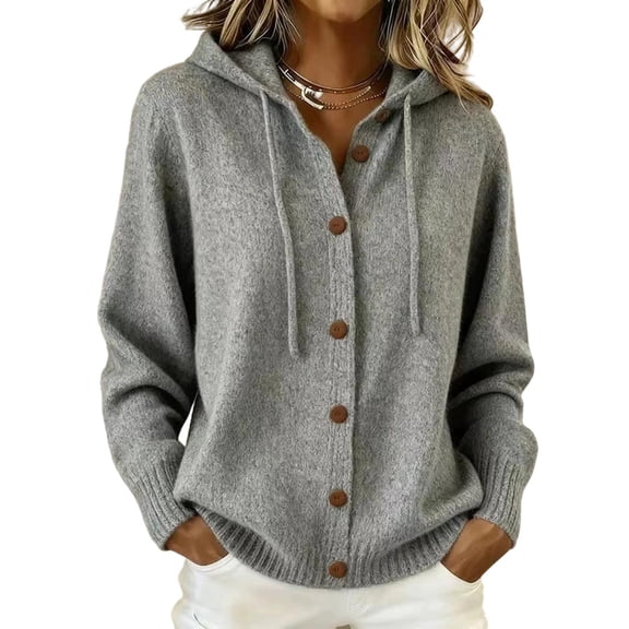 Luvrsol Cardigan Sweaters for Women Plus Size Hooded Lapel Collar Button Down Knit Jacket Solid Casual Sweater Coat S-3XL