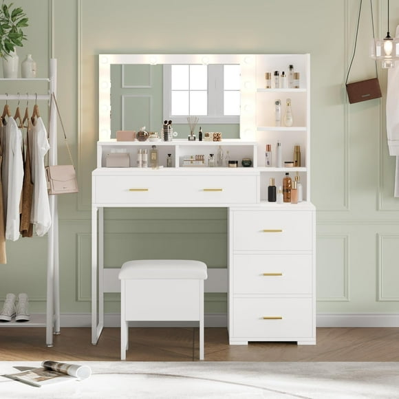 Vanity Desk, Makeup Vanity Desk with Mirror & 9 LED Light Bulbs, 5 Large Drawers and 3 Tiers of Open Shelves for Bedroom