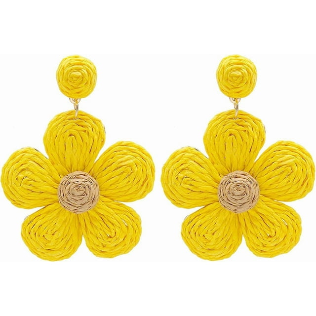 Statement Raffia Earrings for Women Girls Boho Geometric Round Flower Rattan Drop Dangle Earrings,Handmade Braid Straw Wicker Summer Beach Raffia Earr
