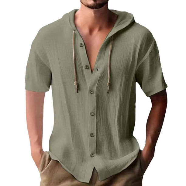 Camisa con capucha y botones de manga corta para hombre - Color liso, poliéster para ropa informal de verano
