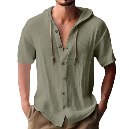 Mens T-shirts Male Short Sleeve Shirt Summer Casual Button Hooded Hawaii Short Sleeve Shirts Mens Tees Shirts under Scrub Men Long Memory Big Oversized T Sports Tops Long Fashion Green 3XL