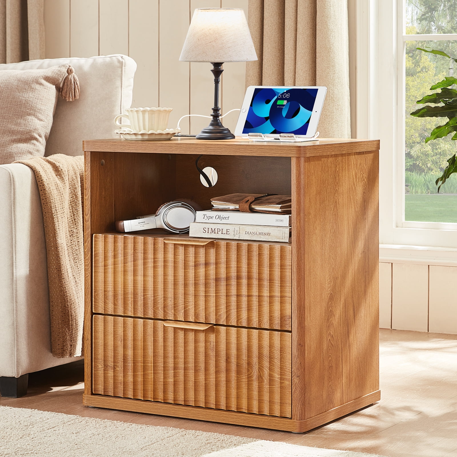 LEYAOYAO Fluted Nightstand with Charging Station, Modern End Table with with Open Shelf and 2 Storage Drawers for Bedroom, Brown