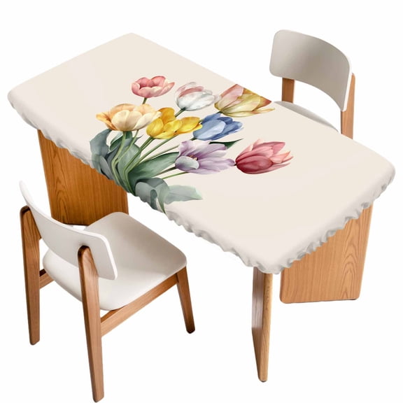 Colorful Tulips Floral Table Cloths for 5 Foot Rectangle Tables, Modern Art Watercolor Pastoral Patio Waterproof Elastic Fitted Tablecloths, Washable Rectangular Table Cover for Camping
