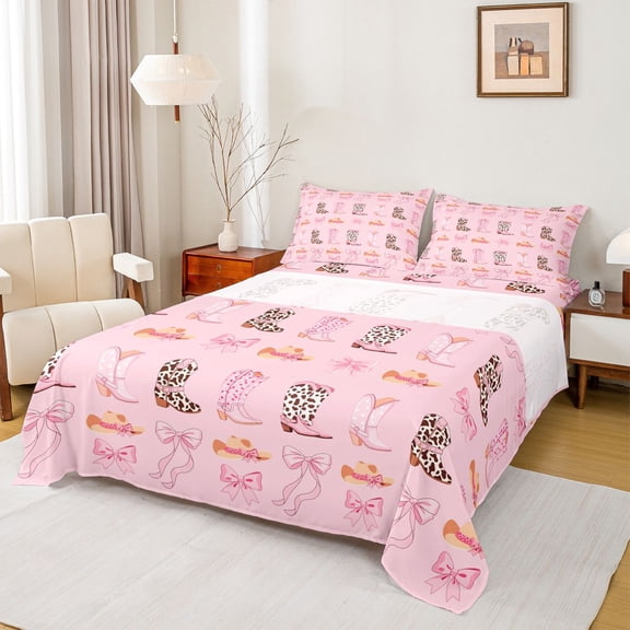 jejeloiu Chic Cow Cowboy Boot Full Size Sheets Kids,Pink Cute Bow Bed Sheets For Girls,4-Piece