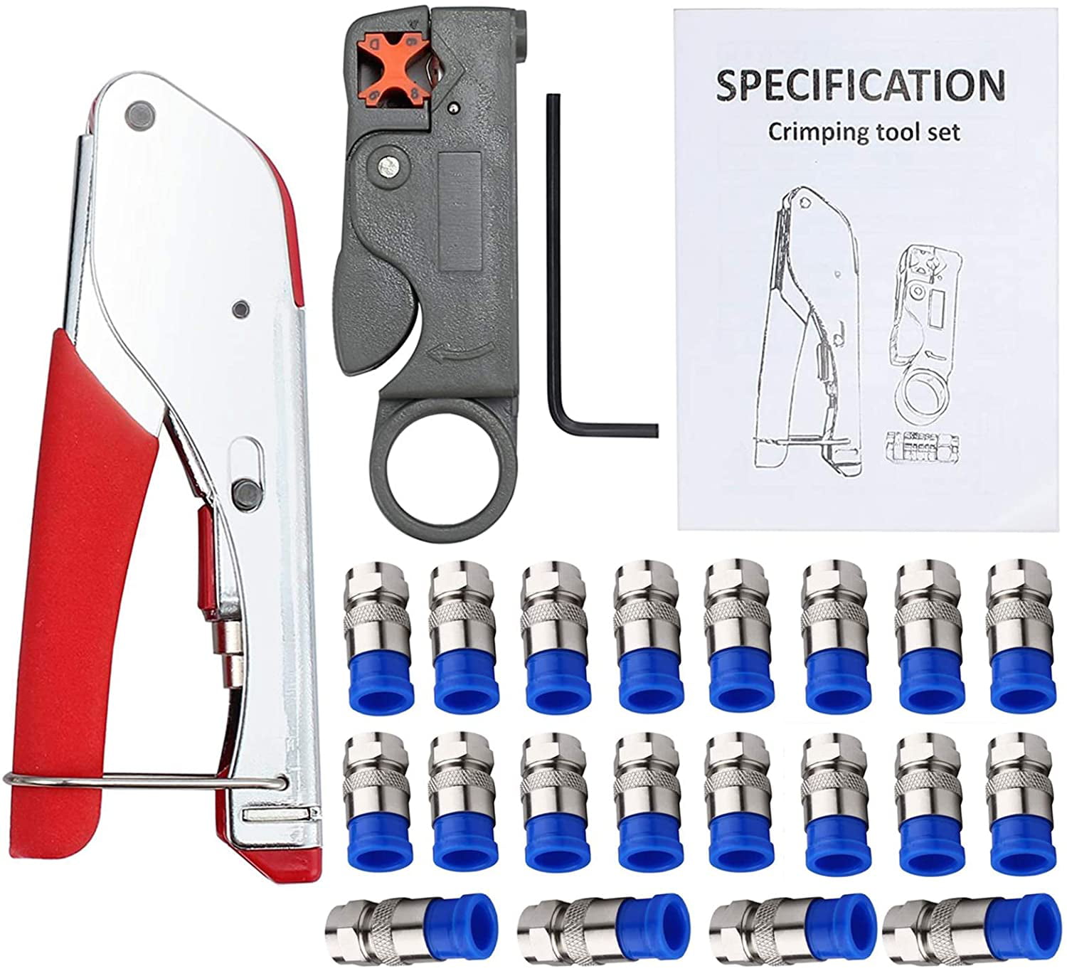 Black-F Coax Crimper Tool Kit Coaxial Compression Stripping Tool Cable Wire Stripper with with 20 PCS F RG6 RG59 Connectors #7921 