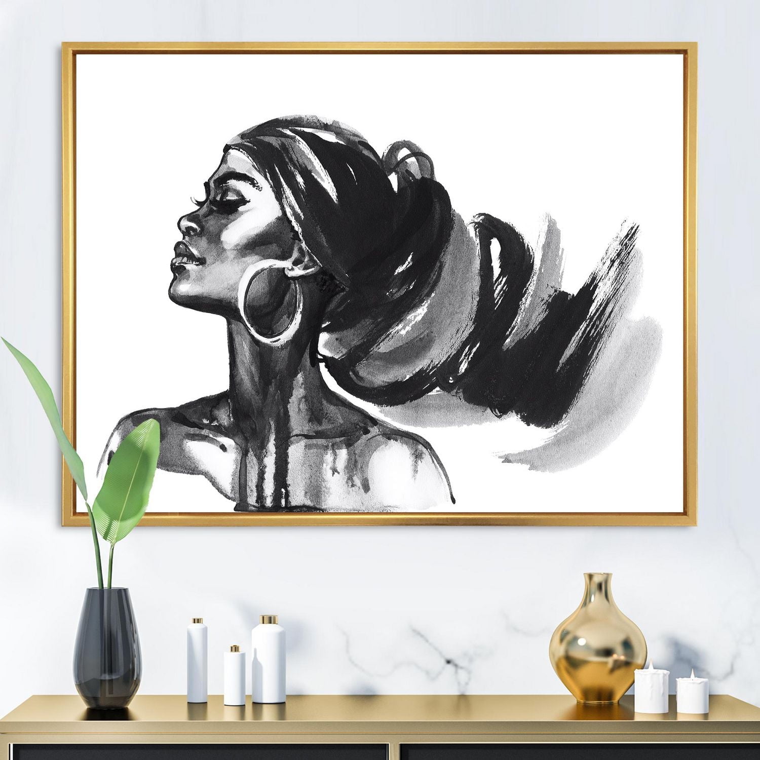 Designart Monochrome Portrait of African American Woman IV FLOAT FRAME WALL ART