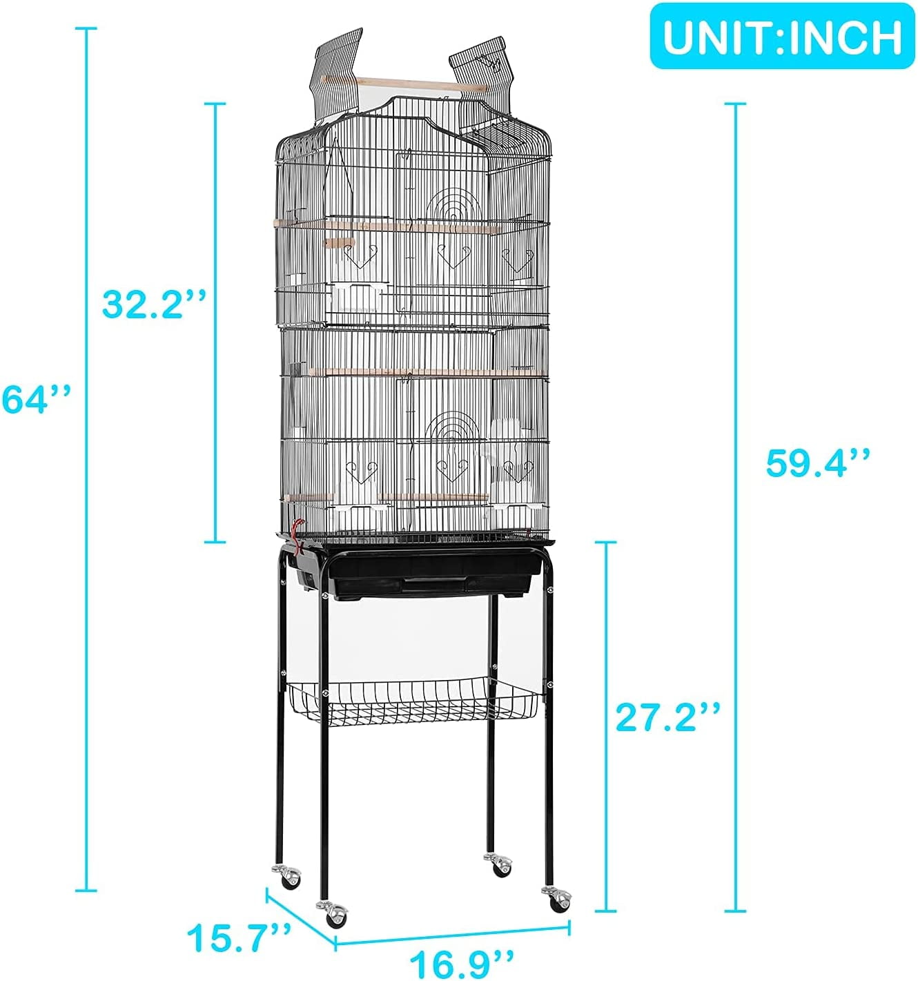 NiamVelo 64-inch Metal Bird Cage with Rolling Stand & Bottom Tray, Pet Storage Shelf Parrot Cage with Open Play Top for Lovebirds & Parakeets, Black