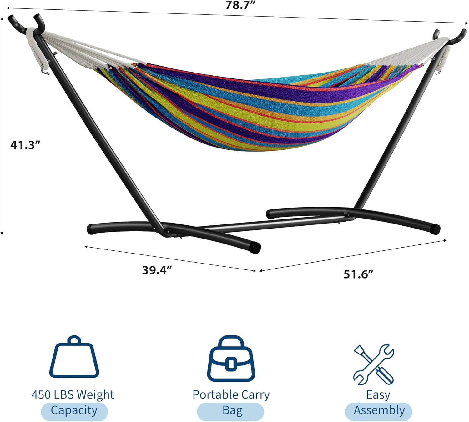 Double Hammock with Foldable Steel Stand and Carrying Bag, Portable Freestanding Hammock for Indoor & Outdoor Use, 450 lbs Capacity, Ideal for Garden, Patio, Camping, Beach, Tropical