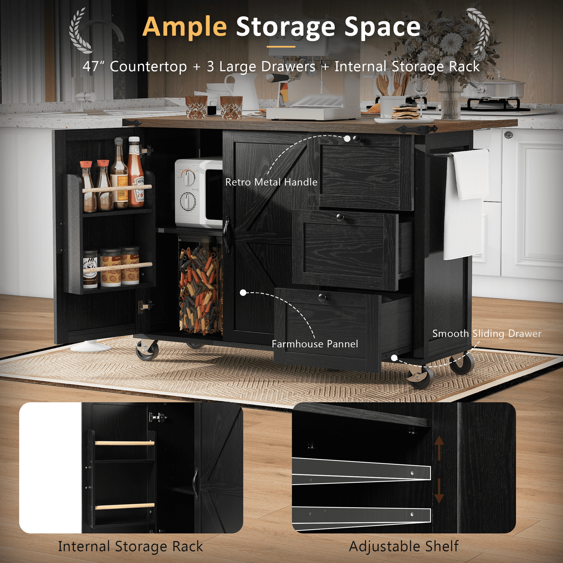 Lunale 54.5" Kitchen Island with Drop Leaf, Power Outlets, Farmhouse Rolling Storage Cabinet Cart for Kitchen & Dining Room, Black
