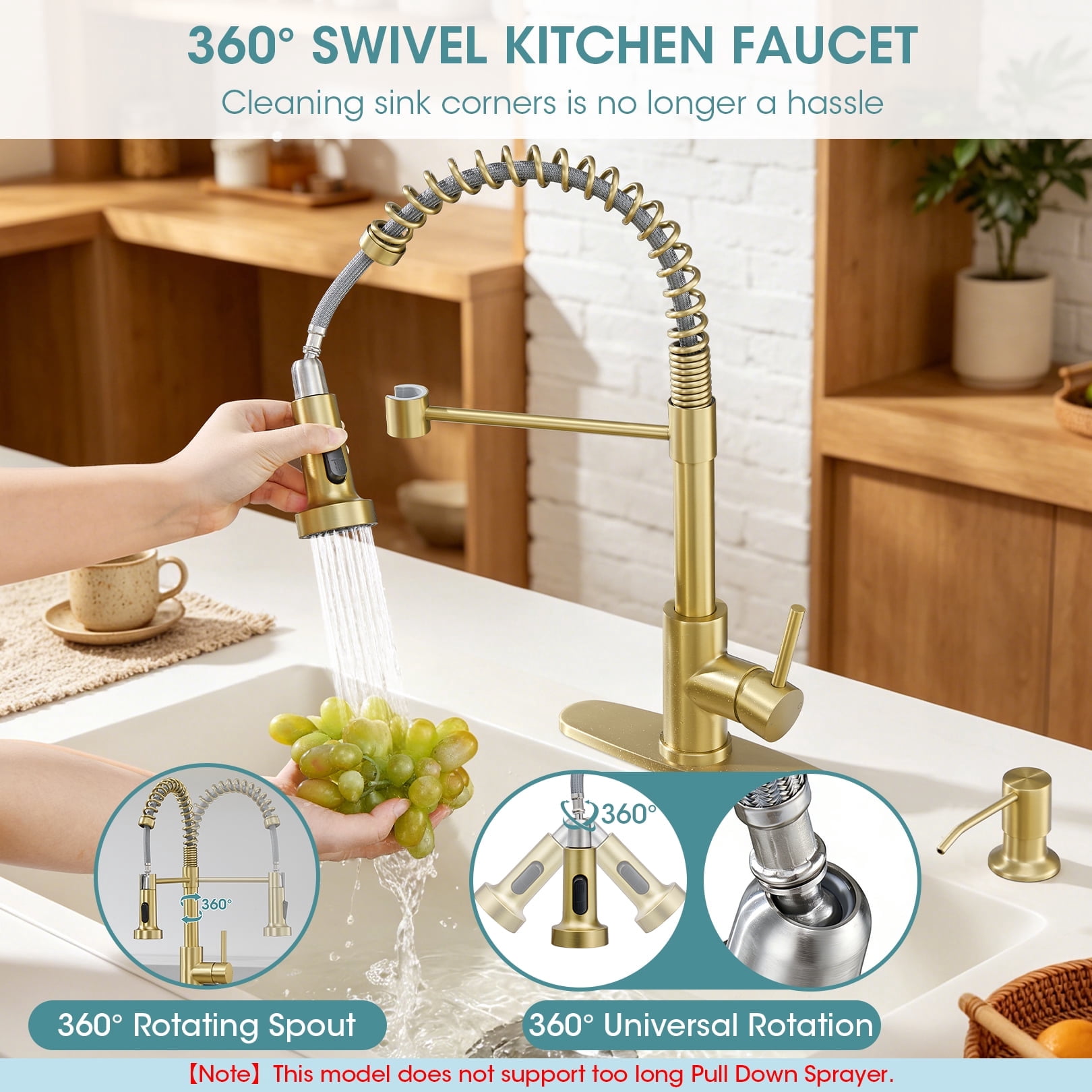 Wowkk Kitchen Sink Faucets with Pull Down Sprayer and Soap Dispenser, 304 Stainless Steel Single Handle Kitchen Faucet, 2 Water Modes with Deck Plate for Laundry Utility Camper, Brushed Gold