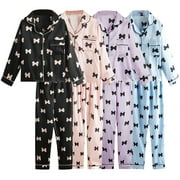 5-12Y Kids Little Big Girls Satin Pajamas Set Long Sleeve Button-Down Bow Printed Sleepwear PJs