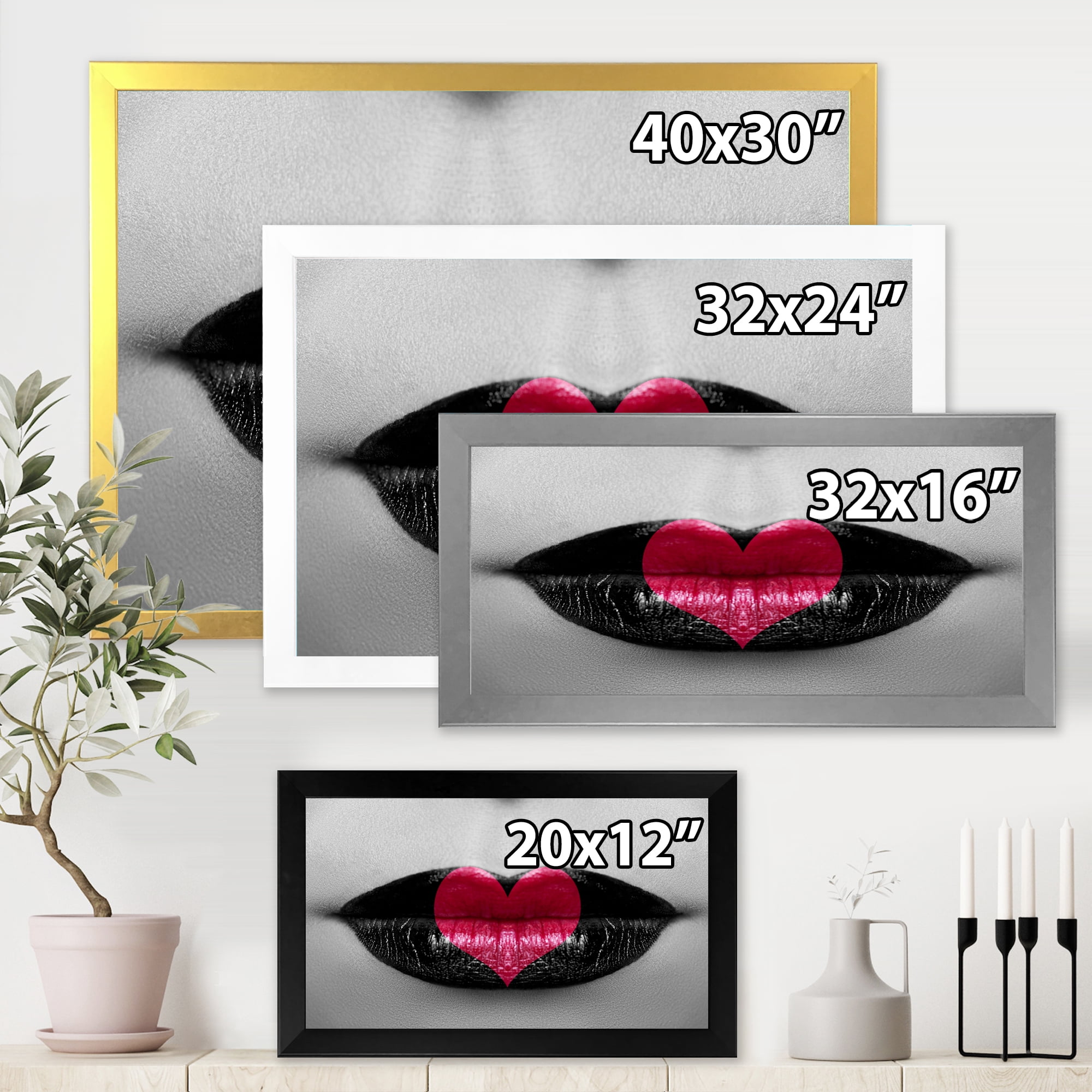 Designart 'Red Heart In Monochrome Lips' Modern Framed Art Print