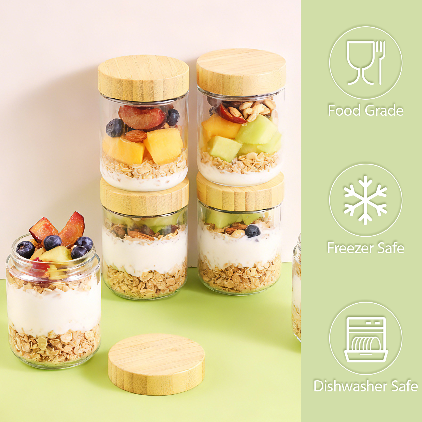 Lumikrypt 6Pack 16Oz Overnight Oats Containers with Bamboo Lids, Glass Jars with Airtight Lids, Glass Food Storage Containers, Ideal for Snacks, Yogurt, Spices, and Sweets