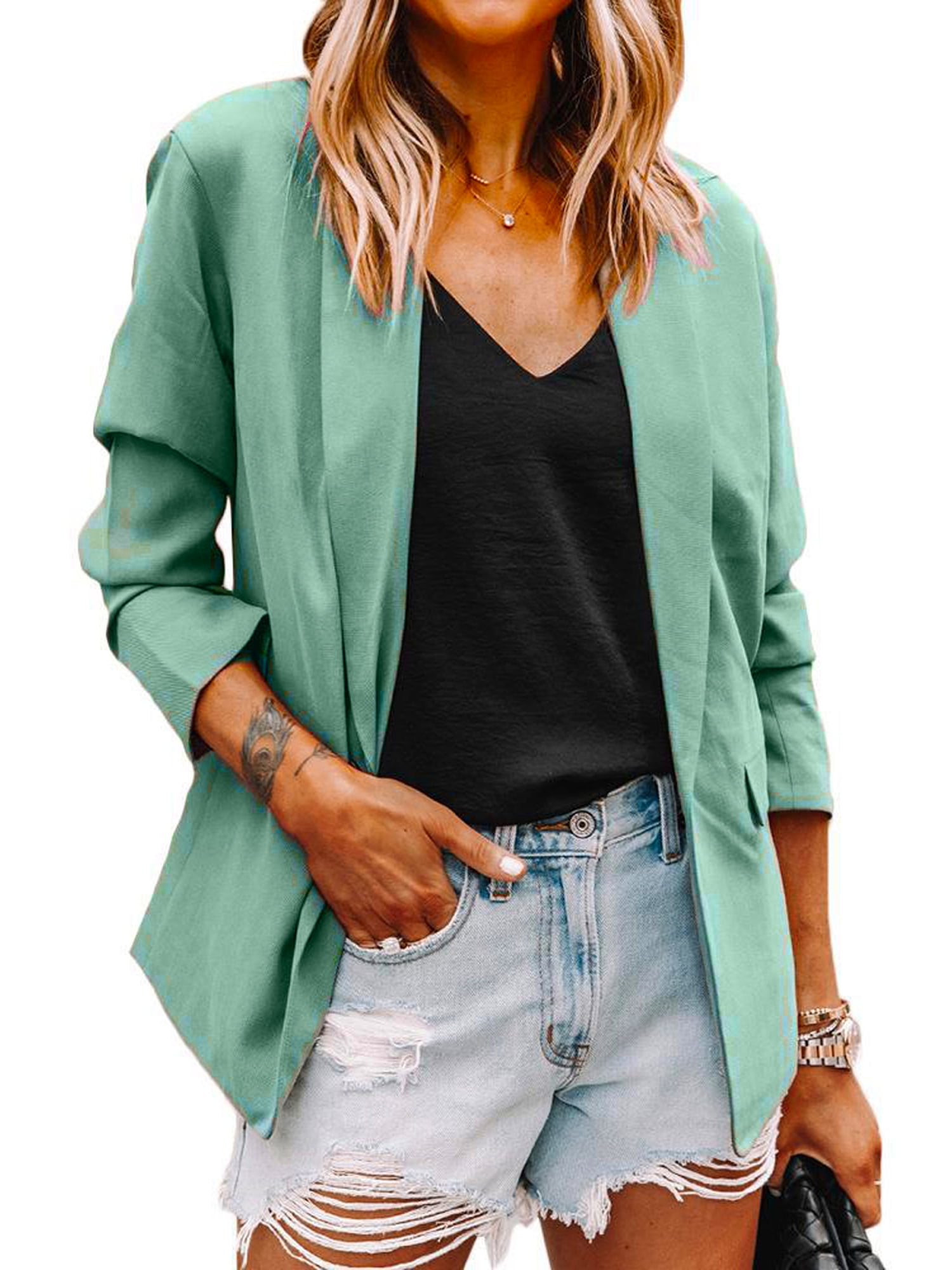 Womens Casual Blazers Open Front Long Sleeve Lapel Collar Button Blazer Jackets Coat Business Work Office Shacket Tops 