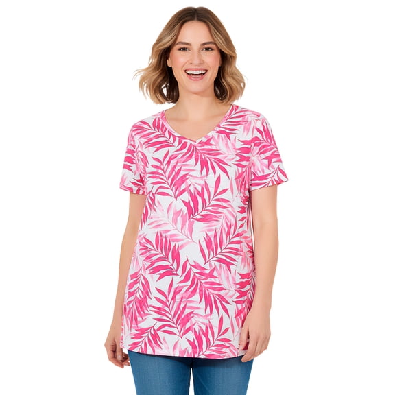 Woman Within Plus Size Perfect Printed Short-Sleeve V-Neck Tunic
