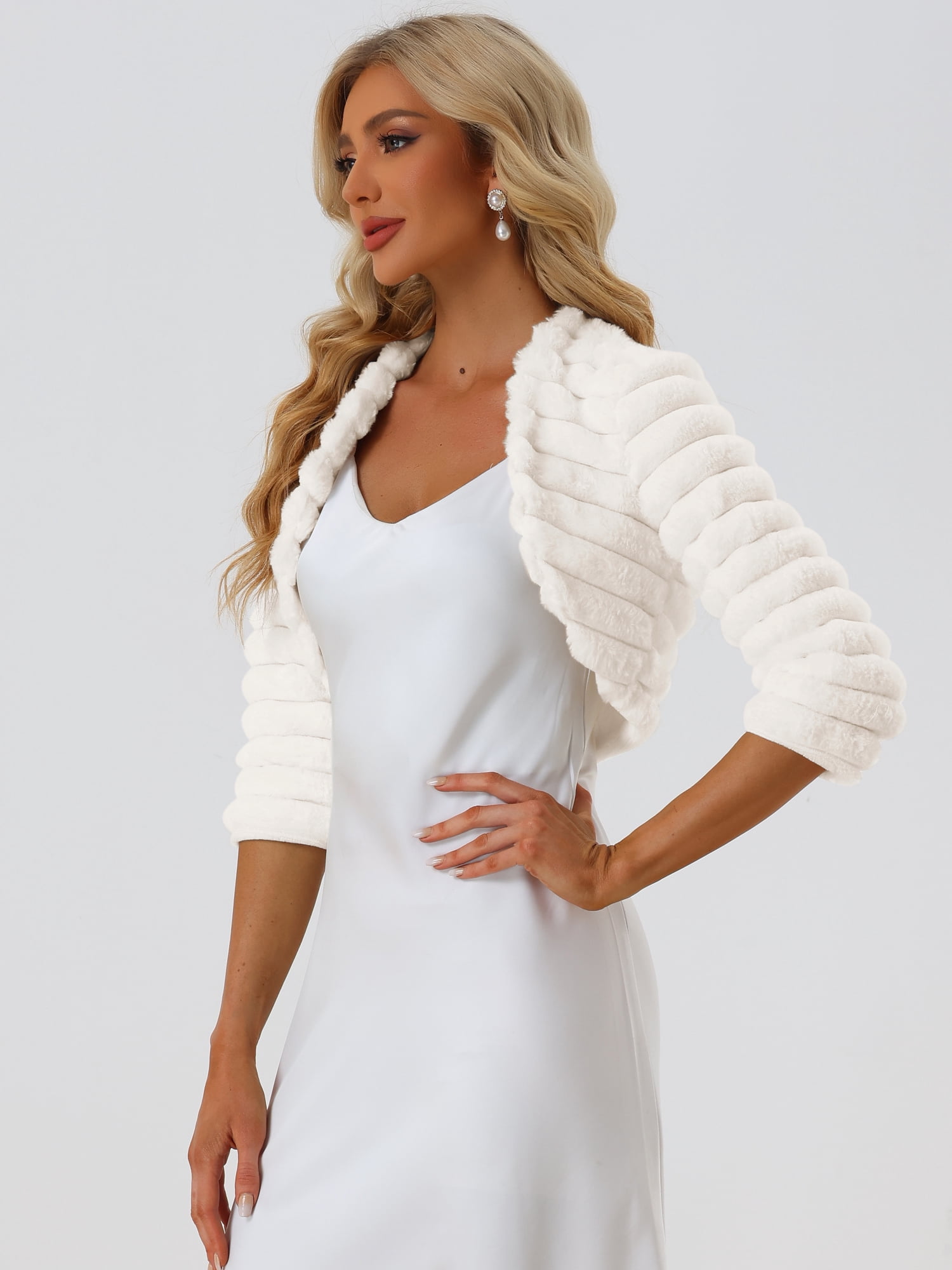 DARING DIVA Cropped Jacket  Open Front Bolero Faux Fur Shrug XL White