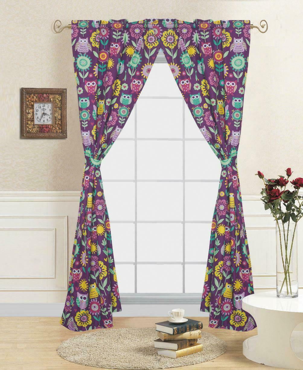 1 SET KIDS TODDLER BETHROOM WINDOW CURTAIN OWL PURPLE PRINT DESIGN ROD