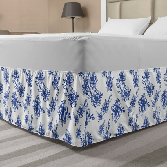 Floral Bed Skirt, Rhythmic Abstract Blue Peonies Blossom Watercolor Pattern on Plain Background, Elastic Bedskirt Dust Ruffle Wrap Around for Bedding Decor, 4 Sizes, Violet Blue White, by Ambesonne