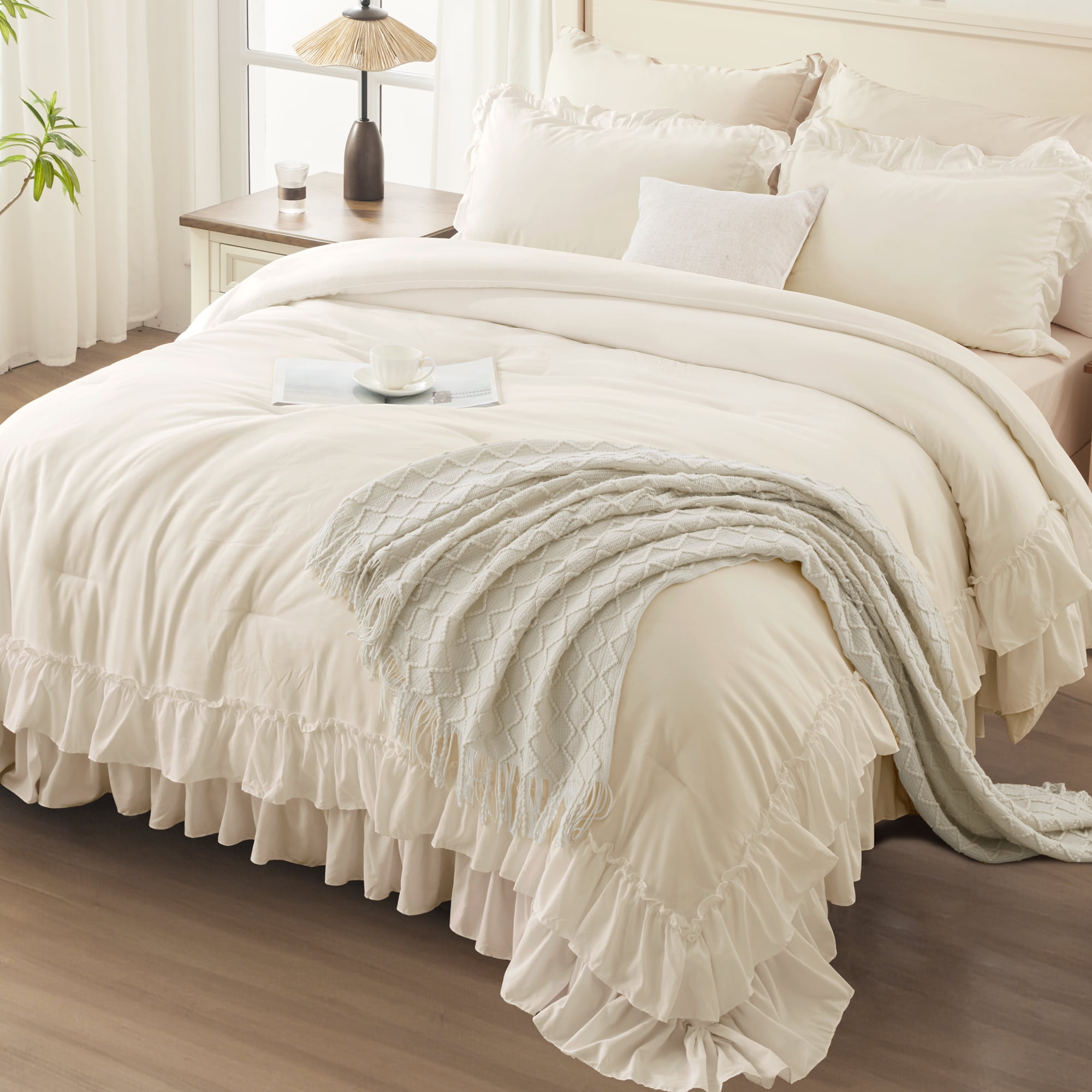 ANGENIA Full Size Comforter Set Beige - 3 Pieces Soft Cozy Fluffy Cream Ruffle Bedding Comforter Sets, All Season Lightweight Farmhouse Down Alternative Bed Set for Girls Teens Boys Kids