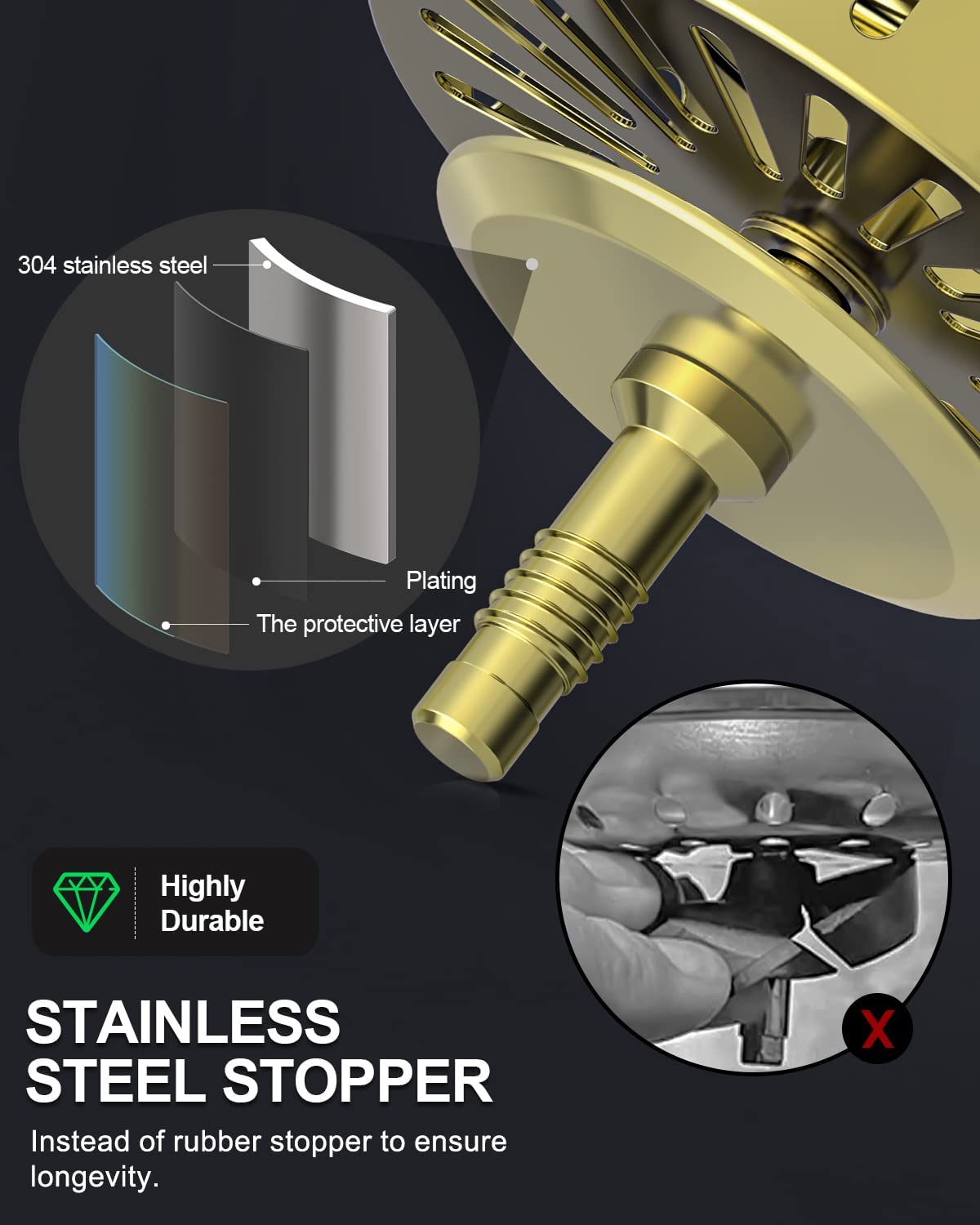 Gold Kitchen Sink Drain Kit 3 1/2 Sink Strainer for Kitchen Sink with Stainless Steel Strainer Stopper Drain Assembly Basket Strainer Fit Standard Sink Drain Hole