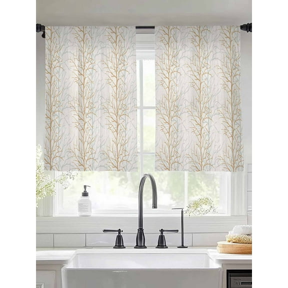 Abstract Brown Sheer Curtains 45 inches Long 2 Panels Set Tree Branch Pattern Tiers Sheers Rod Pocket Small Window Short Curtains for Kitchen Cafe, Each 52" W x 45" L
