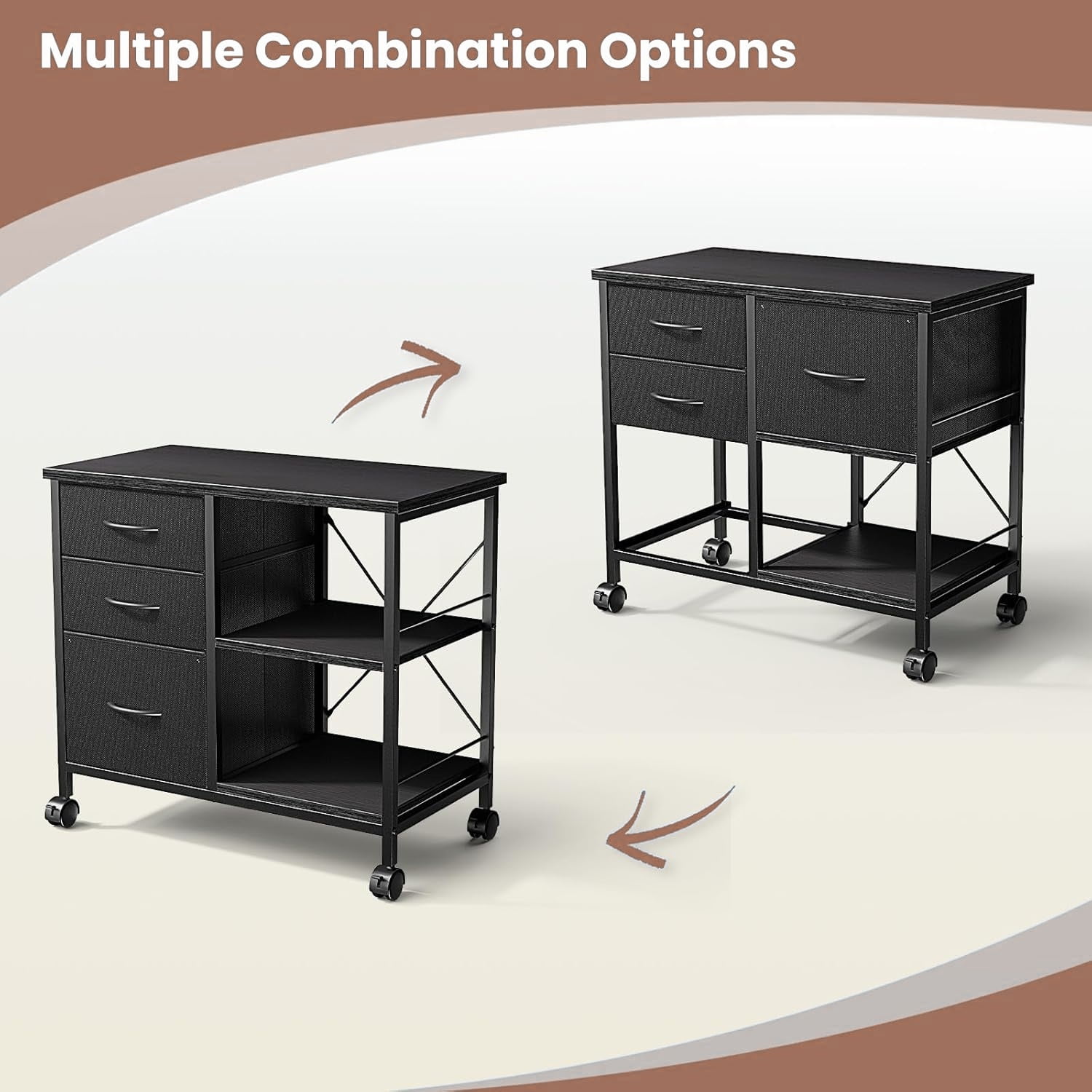 3-Tier Mobile File Cabinet, Rolling Printer Stand with Storage and Back Support Bar, 3 Drawer Lateral File Cabinet Holds 110lbs, for Home Office in Rustic Black